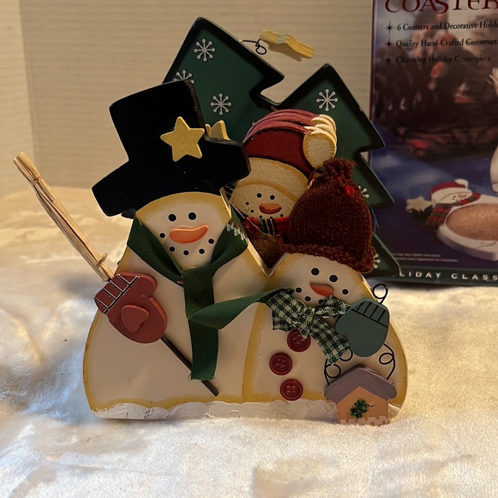 Snowman family coaster set of six in holder